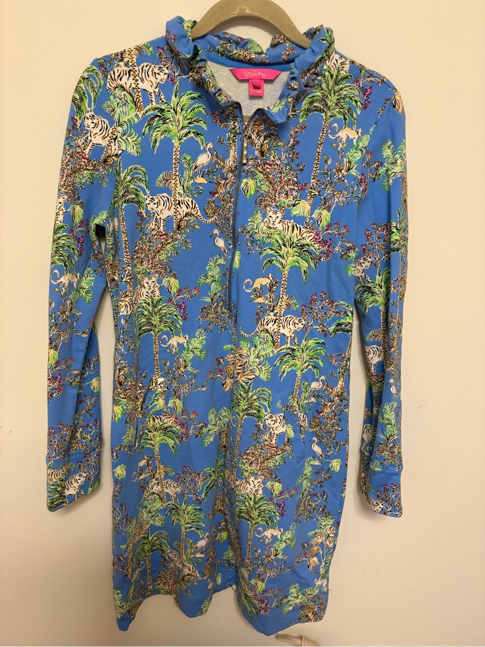 Lilly Pulitzer Blue Tiger Jungle Print Zip Front Active Dress Size M Pockets